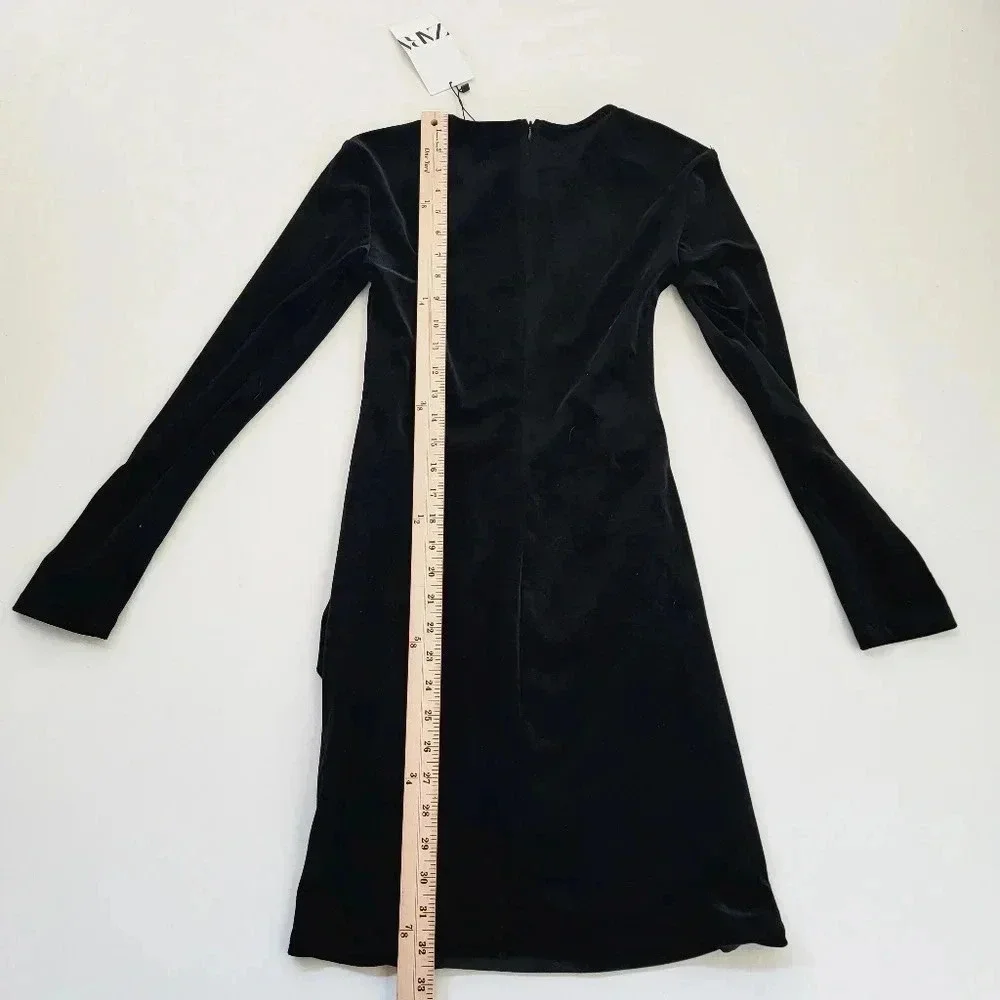Zara Velour Ruched Midi Dress Womens Small Black NWT Asymmetrical Long Sleeve